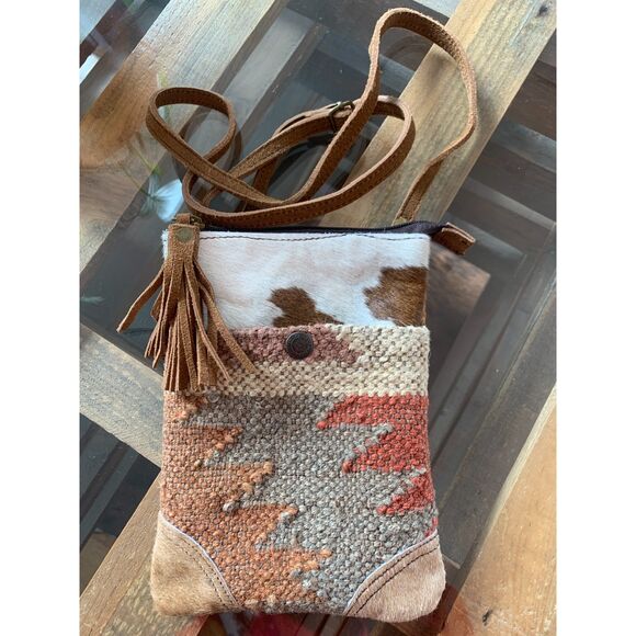 Western Navajo Print bag, Crossbody Small Purse, Genuine Hair on Cowhide, Suede - Picture 3 of 4